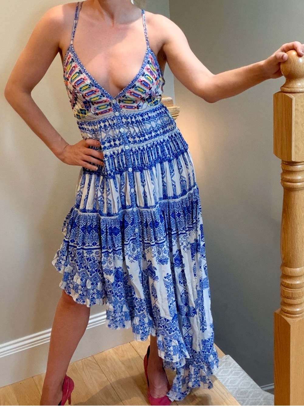 Rococo Sand Blue and White Asymmetrical Printed Midi Dress